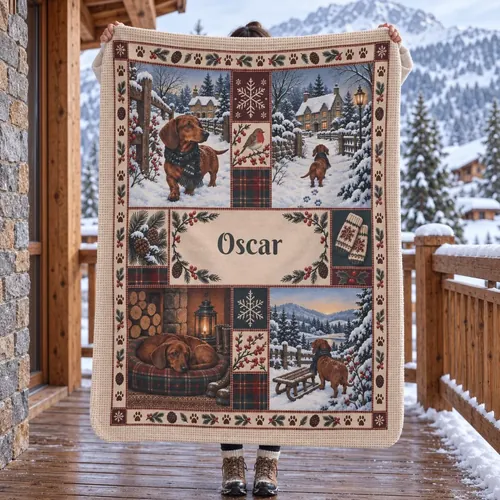 Kuscheldecke mit Dackel-Motiven und dem Namen Oscar