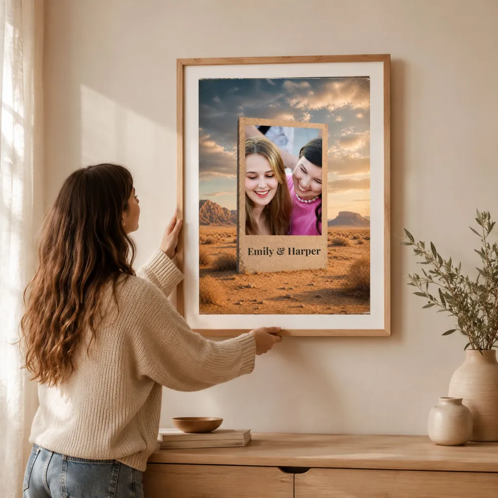 Frau hängt ein gerahmtes Poster mit Foto an die Wand