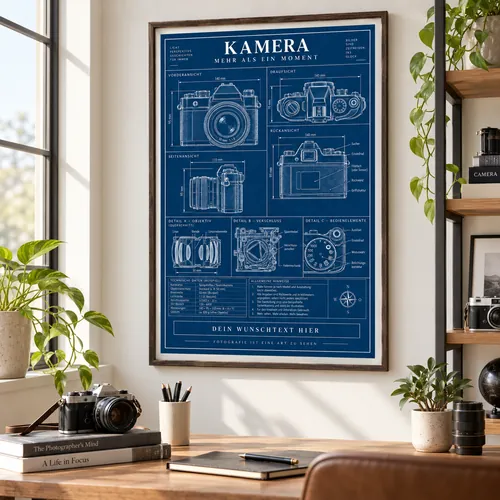 Blaues Kamera-Poster im Rahmen über einem Schreibtisch