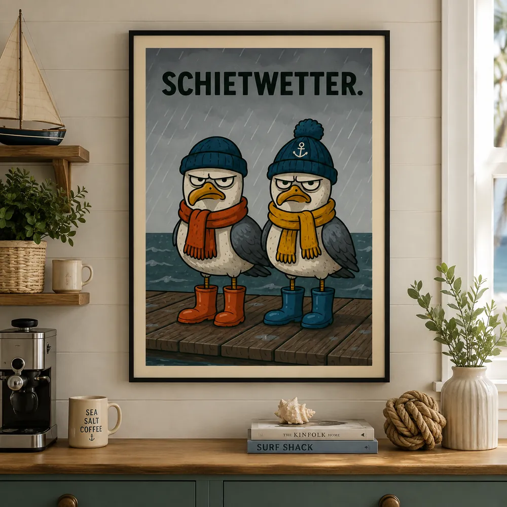 Poster mit zwei Möwen in Mützen und dem Wort Schietwetter