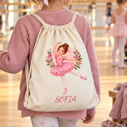 Mädchen mit Turnbeutel, Ballerina-Motiv und Name Sofia